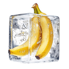 bananas inside frozen ice cube, transparent background