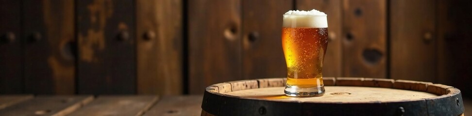 Wooden barrel with snifter beer glass on top, full of liquid, container, drinkware, glass