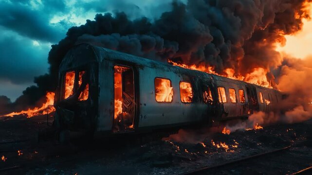 "Dramatic Train Car Fire with Intense Flames and Smoke"