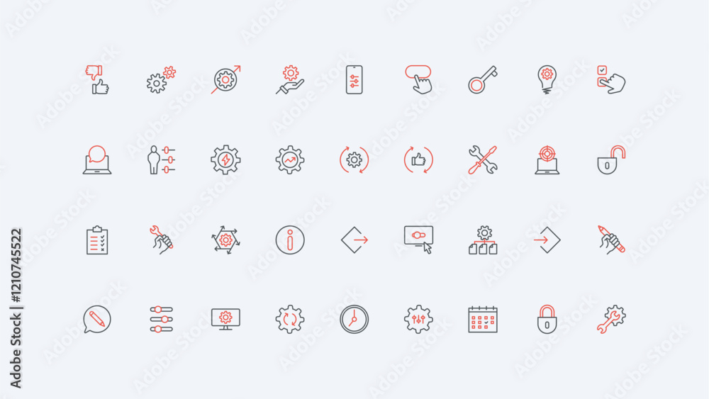 Aufkleber gears of engine, workshop and maintenance service, data update process line icon set. control config