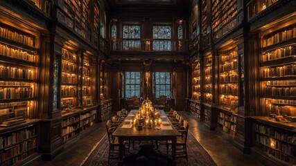 Magical library with endless shelves, glowing books, and floating candles