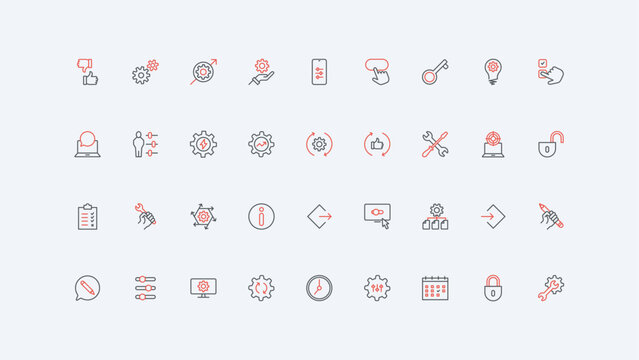 Gears of engine, workshop and maintenance service, data update process line icon set. Control config and system settings, technician fix tools thin black and red outline symbols vector illustration