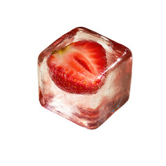 strawberry inside frozen ice cube, transparent background