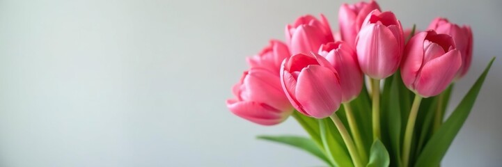Fototapeta premium A bouquet of pink tulips with greenery and stems in a vase, pink tulips, nature