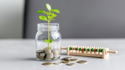 Plant growing from coins in jar, abacus nearby; financial growth concept, for finance articles