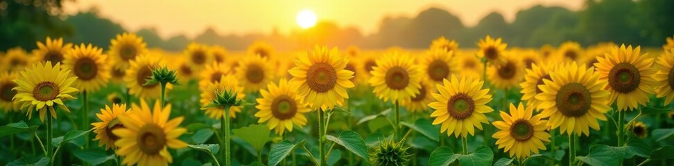 Morning light illuminates a sea of tall sunflowers in a green meadow, light, peaceful, landscape