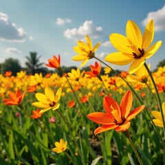 Fototapeta premium Field of yellow and red flowers with long stamens swaying in wind, nature, spring
