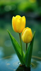 Naklejka premium Fresh yellow tulips blooming in a shallow pool of water, bloom, petals