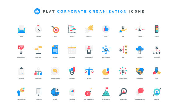 Business management, professional team of corporate company organization color icon set. Stress tension and multitasking skill, hierarchy of employees, org chart flat elements vector illustration