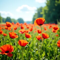 Obraz premium Field of bright red wild poppies swaying gently in breeze, , sunny meadow
