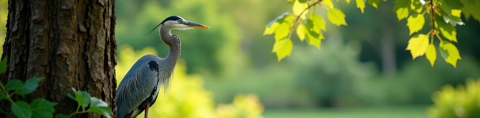 Great blue heron looks out from behind gum tree, wildlife, , herbivore