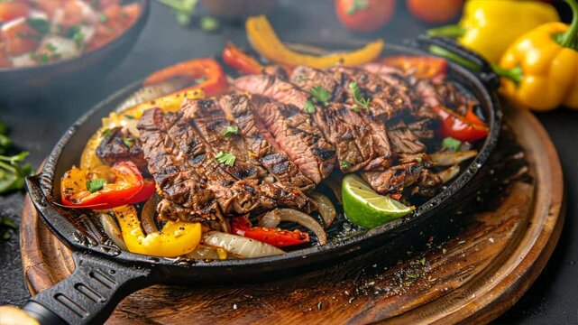 Sizzling grilled steak fajitas on hot skillet with colorful bell peppers, onions, and lime create delicious barbecue meal perfect for cooking and sharing.