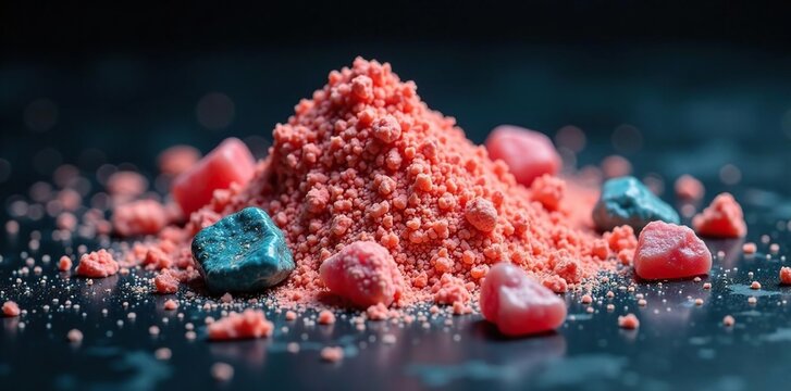 Dark background with raw zeolite mesolite stones and powder scattered, textures, geological formations, Zeolites