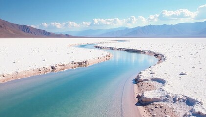 Obraz premium A creek flowing through a vast expanse of salt flats, desert, vast