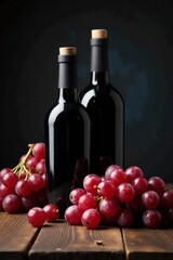 Obraz premium Dark bottles with grapes scattered on a wooden table background, table, dark