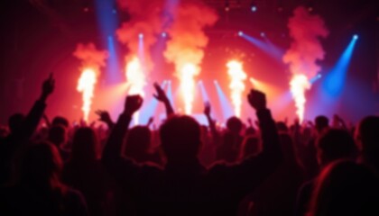 Silhouette of cheering crowd at night concert with vibrant lights