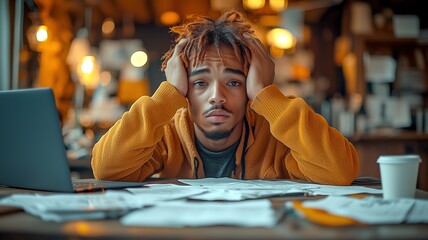 African American man sitting at a desk with a frustrated expression, surrounded by papers, laptop, and coffee. Home setting with a casual and stressed atmosphere.