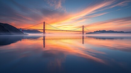 Fototapeta premium Sunset over the bay with the bridge reflecting on calm waters in a serene landscape