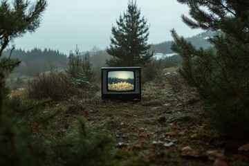 An old television sits incongruously in a forest clearing, displaying static amidst an otherwise natural, tranquil setting.