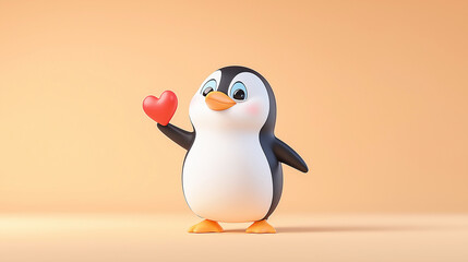Obraz premium Adorable penguin holding a heart. Perfect for Valentine's Day!