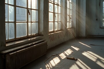 Soft morning sunlight filters through dusty windows, casting shadows across an empty, worn room, hinting at history and nostalgia.