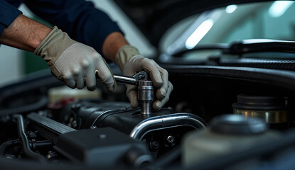 A close-up view of a mechanic's gloved hands using a wrench to tighten a bolt in a car engine bay