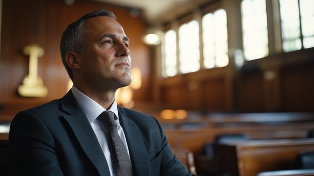 A man sits in a church, dressed in a suit and tie