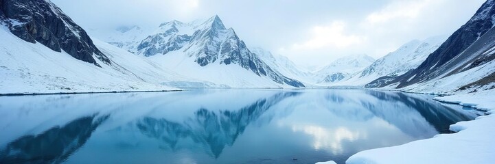 Fototapeta premium Ice-encrusted mountain slope with glacial lake reflection, lake Shavlinskoye, snow