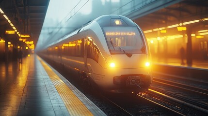 Fototapeta premium Train arriving at a foggy urban station during evening hours with glowing lights and reflections