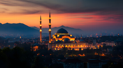 Majestic Mosque Silhouette Against Vibrant Sunset Sky with Illuminated Minarets : Generative AI