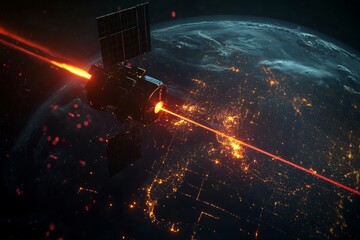 In space, a military satellite deploys a laser, casting a dramatic shadow against Earth. Mixing technology and combat strategies, this concept symbolizes space war. The image, space-styled and