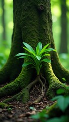 Obraz premium A green plant in a dense forest, its roots intertwining with ancient tree trunks, forest, trees, dense vegetation
