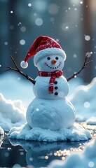 Fototapeta premium A puddle of water forms around the base of a melting snowman, with surrounding snowflakes still intact, festive background, snowman