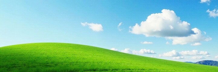 A lone white cloud drifts lazily across a rolling green hill, airy, fluffy, nature