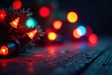 Colorful holiday lights against a dark canvas, warm glow, festive scene, soft bokeh