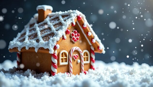 Snowflakes gently fall onto a perfectly crafted gingerbread roof, gingerbread, frosty, winter