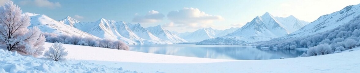 White snowy field with frozen lakes and mountains in the background, landscape, frosty fields, serene scenery