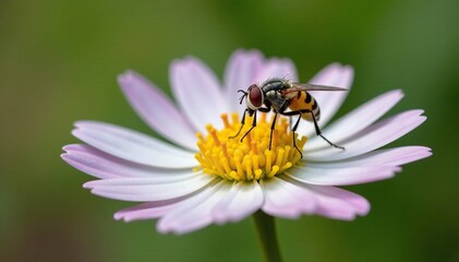 Small white tachinid fly on Symphyotrichum aster flower, tachinid, aster, insects
