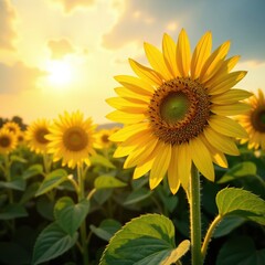 Obraz premium Morning sunbeams dance through tall sunflower, warmth, sunlight