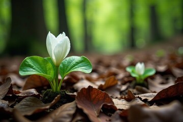 Trillium growing through leaf litter on forest floor, , woodland scene, botanical