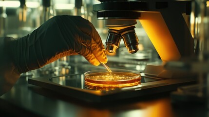 Working in micro labs to analyze human health in a hospital glare of orange light