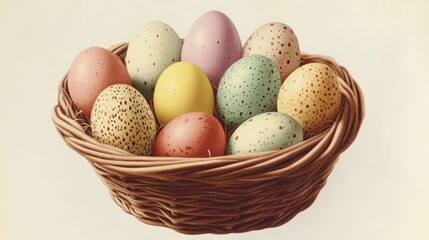 Naklejka premium Pastel Easter eggs nest spring basket vintage background