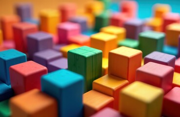 Obraz premium Colorful wooden blocks create vibrant structure. Interlocking shapes create playful design. Arrangement shows colorful, artistic composition. Blocks display balance, precision in placement. Image