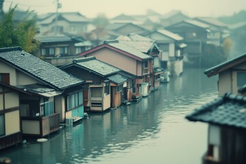 Traditional wooden houses with tiled roofs line a serene canal, their reflections mirrored in the tranquil water, capturing a misty, peaceful ambiance.