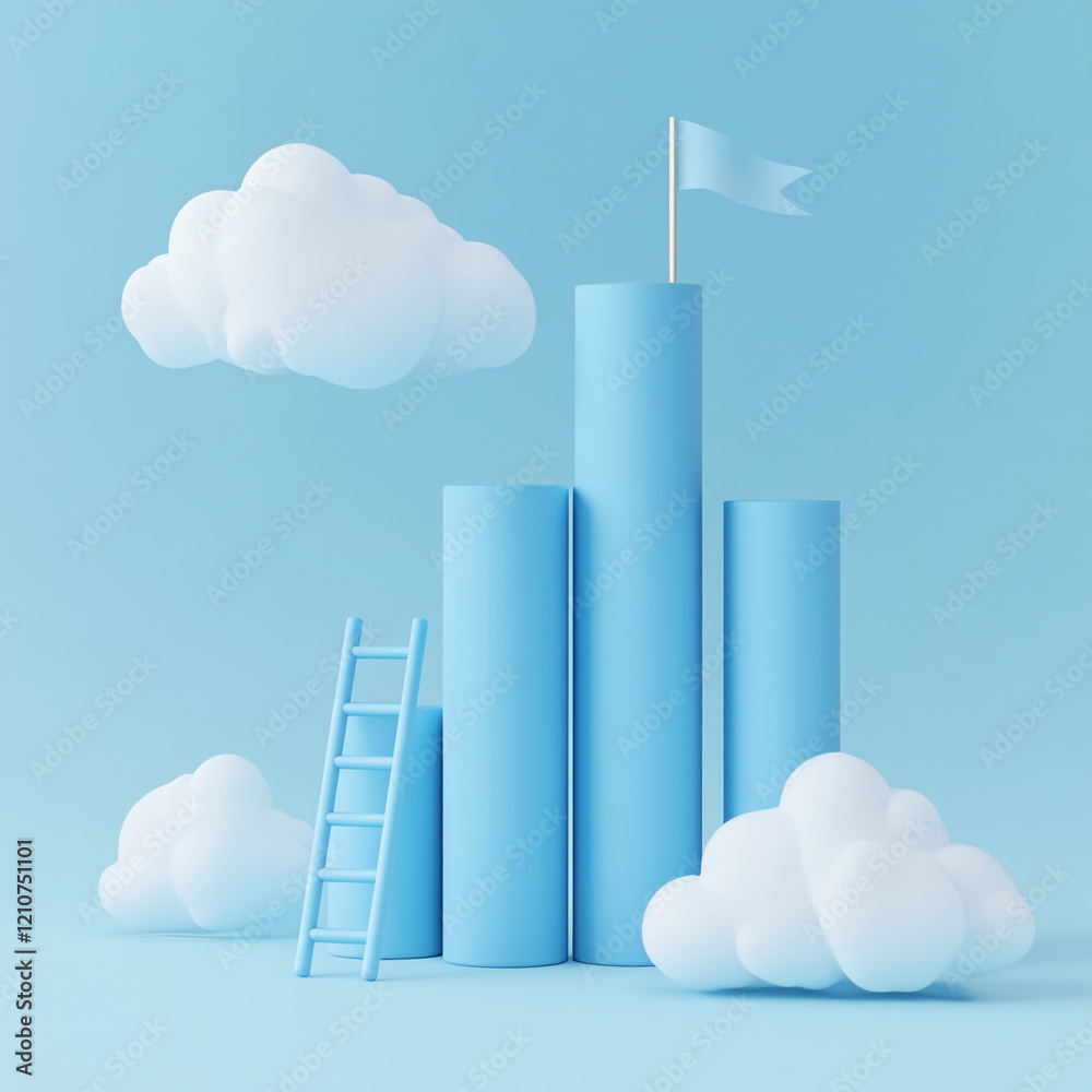 Poster 3D Blue Bar Chart with a Ladder and Flag Surrounded by Clouds on a Soft Blue Background