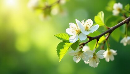 Obraz premium Tree branches with linden flowers blossoming in sunlight and green leaves, greenery, sunshine