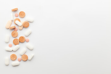 Health care concept. Different types of Medical Pills and Tablets. Isolated on a white background. Top view
