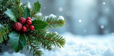 Decorative fir branch with pinecones, holly, and mistletoe in a Christmas arrangement against a snowy background, snowflakes, mistletoe
