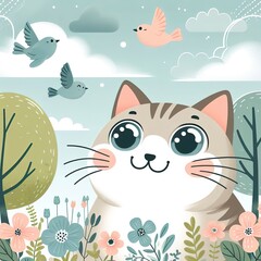 cartoon cat in a meadow among flowers, birds are flying near the cat