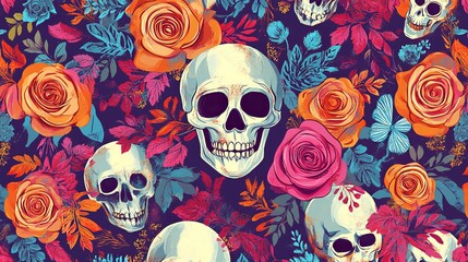 Vibrant and creepy pattern with skulls and roses, inspired by nature and death. A mix of skeletons, flowers, and colors creates a spooky yet modern look that can be used for endless creative projects.